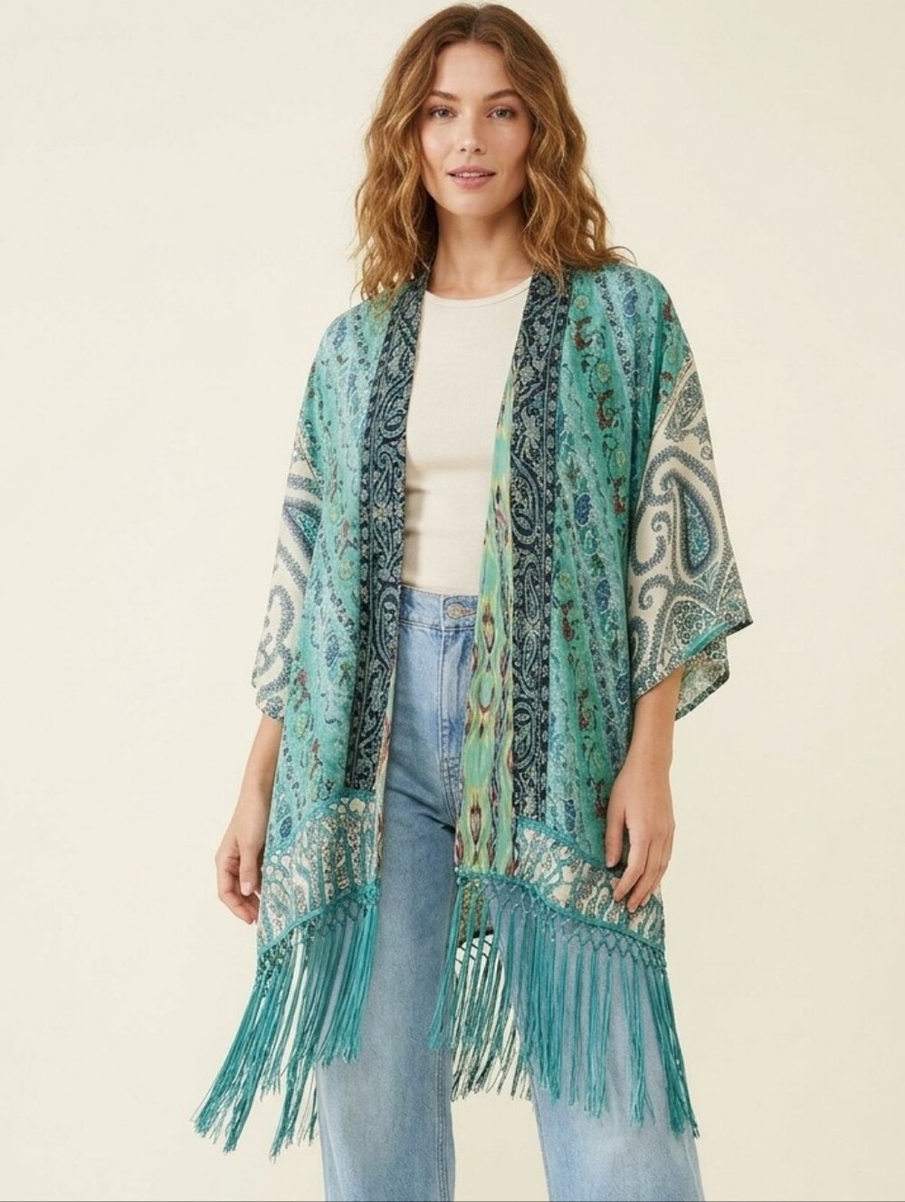 Entro Paisley Print Fringe Open Front Kimono Cardigan Teal Green Size M Boho